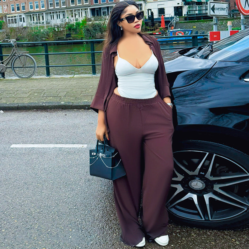 European and american cross-border women's fashion:  summer new collection - stylish turn-down collar loose-fit shirt top and wide-leg pants casual set
