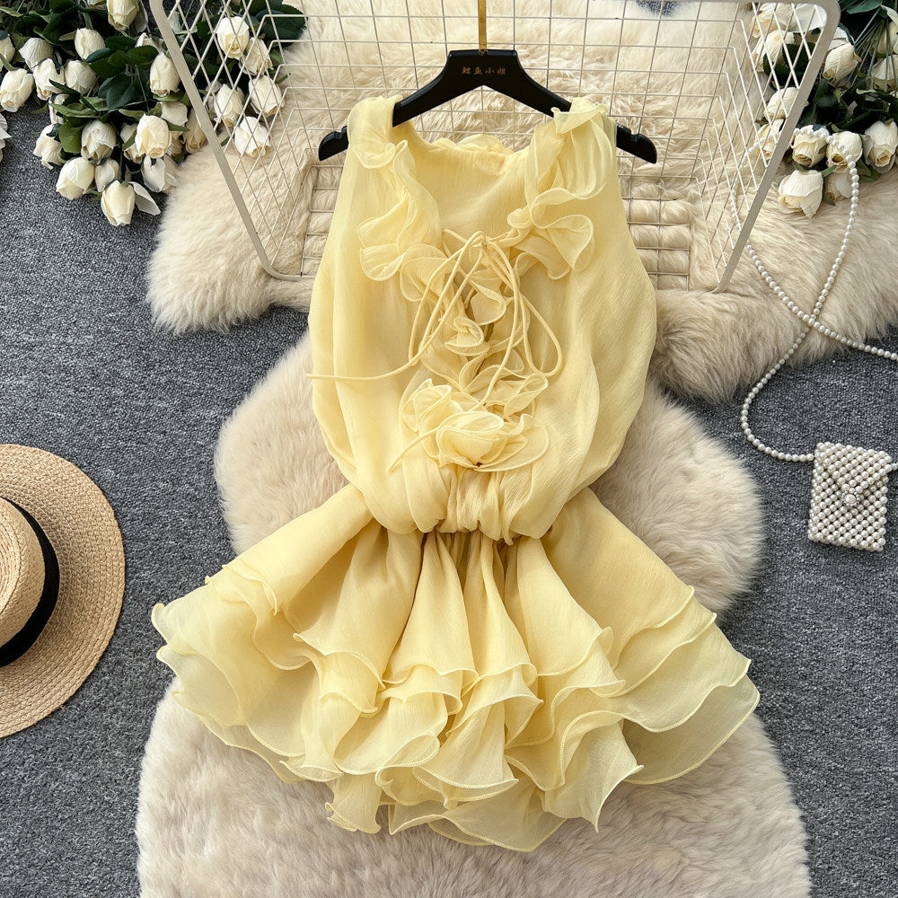 French sweet style pink ruffle sleeveless dress - women's summer, skin-friendly, breathable, ladylike, slimming, vacation dress