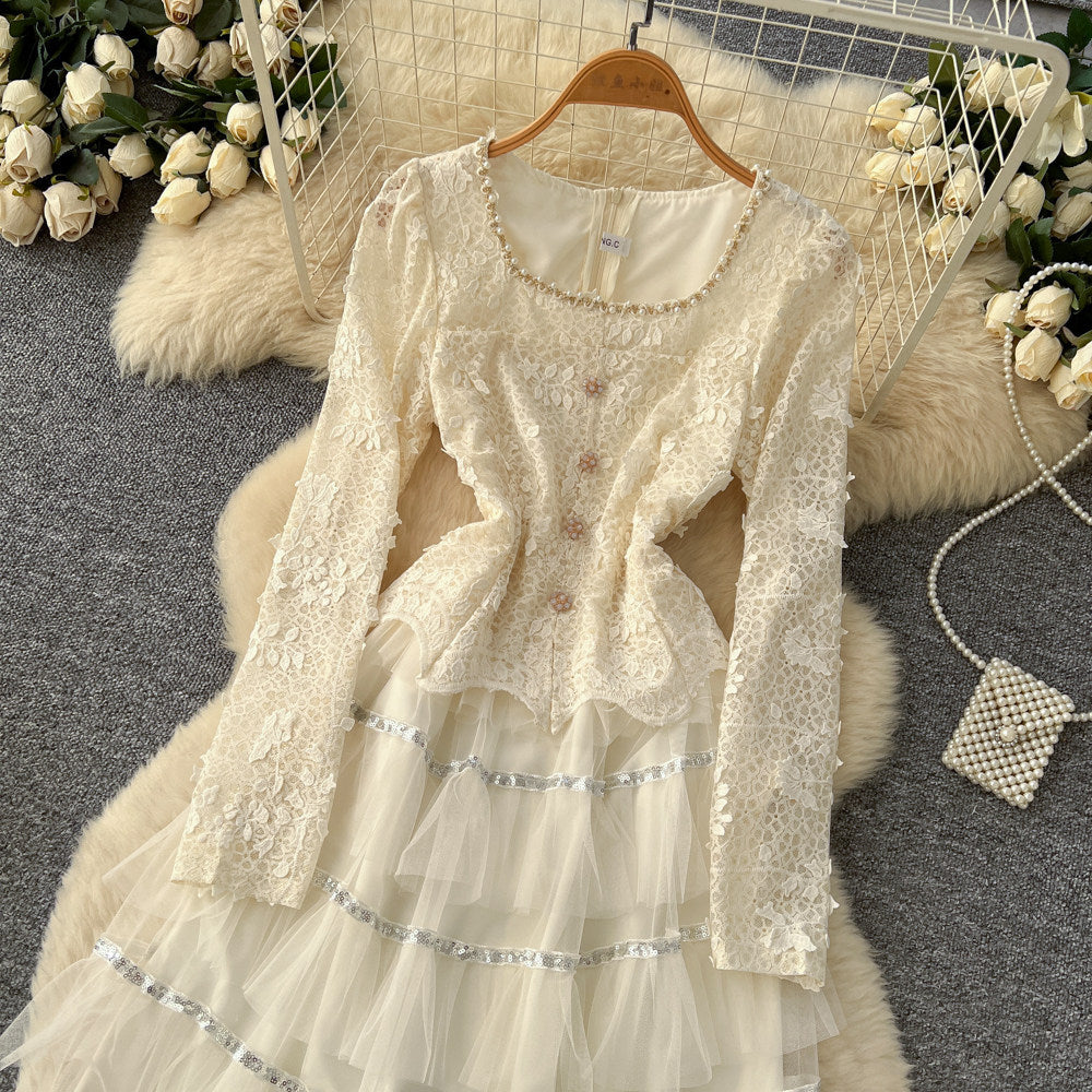 Korean style square neck beaded lace patchwork mesh dress women's long sleeve high waist embroidered a-line dress commuter fairy dress