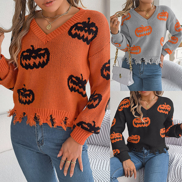 Real shot, autumn and winter, Europe, America, Halloween contrasting colors, pumpkin cut and rotten, long-sleeved pullover,   women's clothing