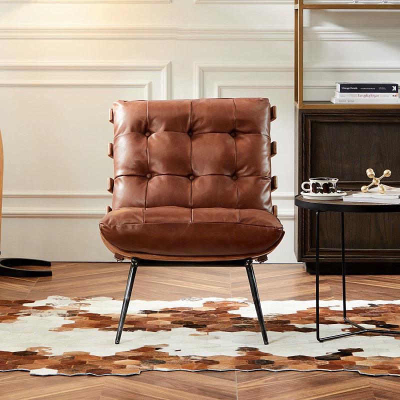 Scandinavian balcony casual genuine leather sofa chair living room for home casual chair urban retro single sofa lazy sofa