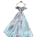 One shoulder rufflespatchwork waist dress women's summer seaside vacation style scheming off-shoulder suspender long skirt