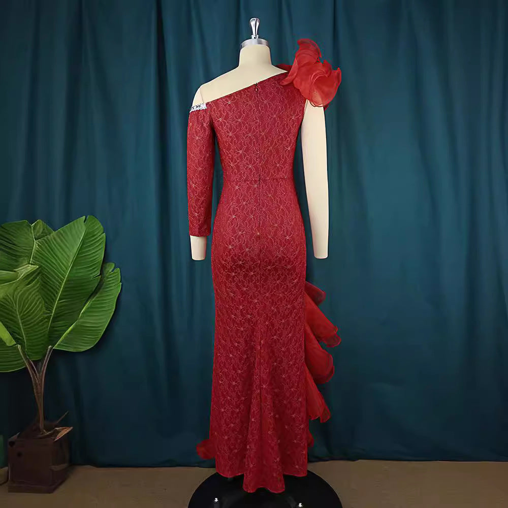 Mesh patchwork slant neck long dress designer single sleeve slant hem fungus dress party dress