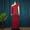 Mesh patchwork slant neck long dress designer single sleeve slant hem fungus dress party dress