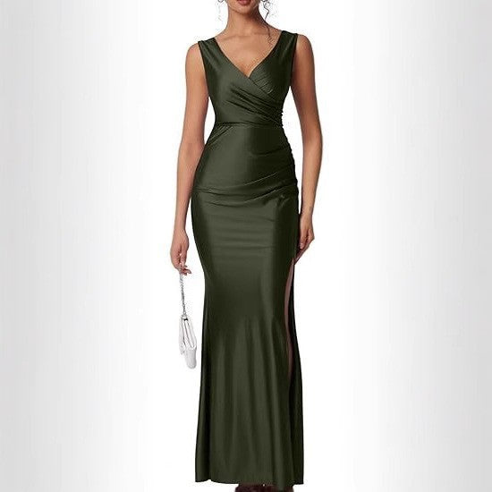 European and american slim-fit solid color chic sexy foreign trade slit satin dress