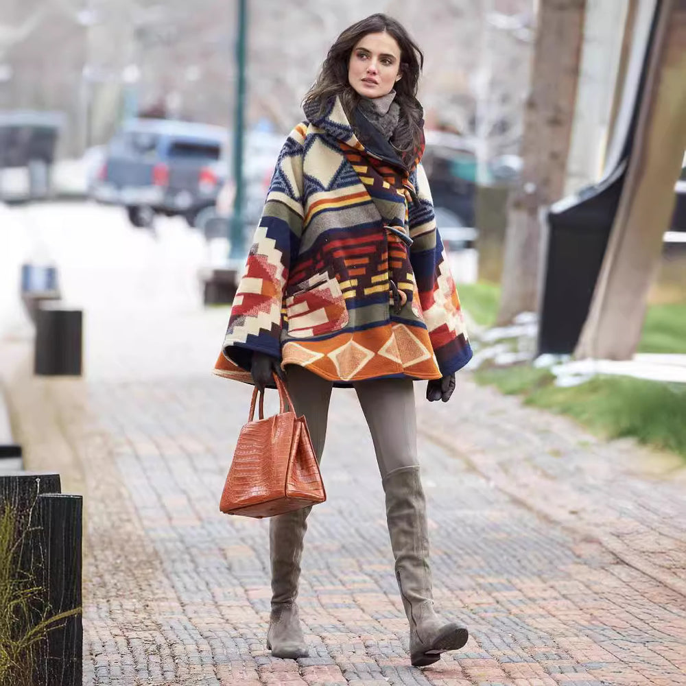 new autumn/winter women's long-sleeved hooded coat - dragon & phoenix print wool blend - perfect for  &  export (us/eu styles)