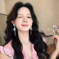 Gentle french floral zircon long tassel earrings - women's chic beach vacation style unique dangle earrings
