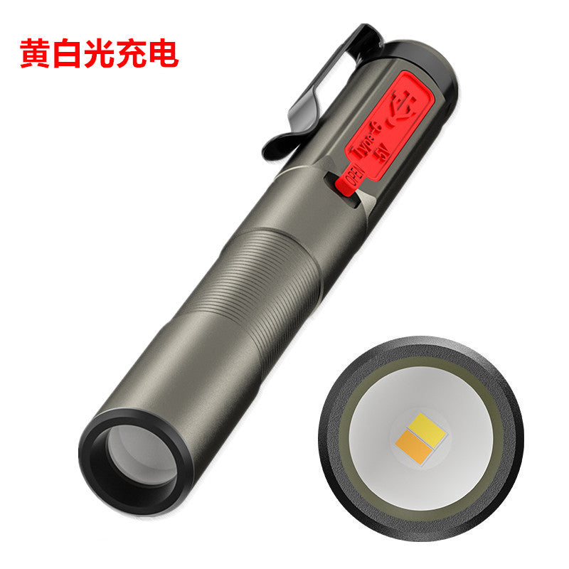 Cross-border LED white light + yellow light pen light, built-in TYPE-C charging with pen holder, compact and portable, mini flashlight