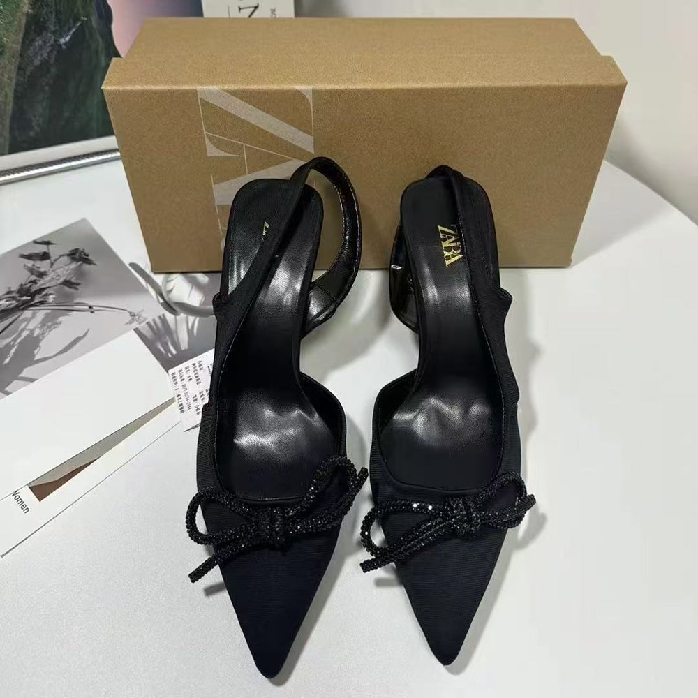 Za southeast asia 2024 new high heels black shiny bowknot slingback stiletto pointed toe pumps women's shoes