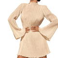 european and american cross-border women's spring new arrival: double-layer pleated bodycon round neck flared sleeve bodycon dress
