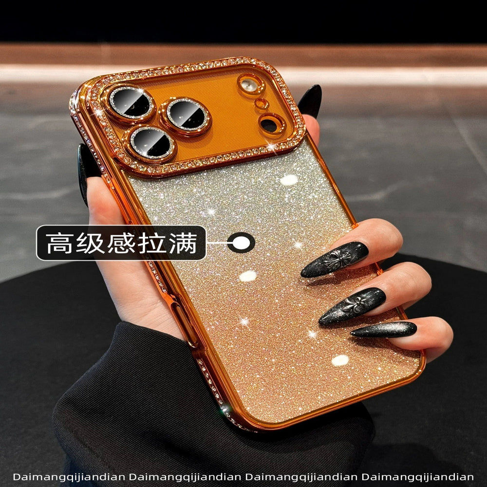 Premium rhinestone-embellished frame case for iphone 17 pro max - orange phone case, apple 15 gradient glitter full coverage