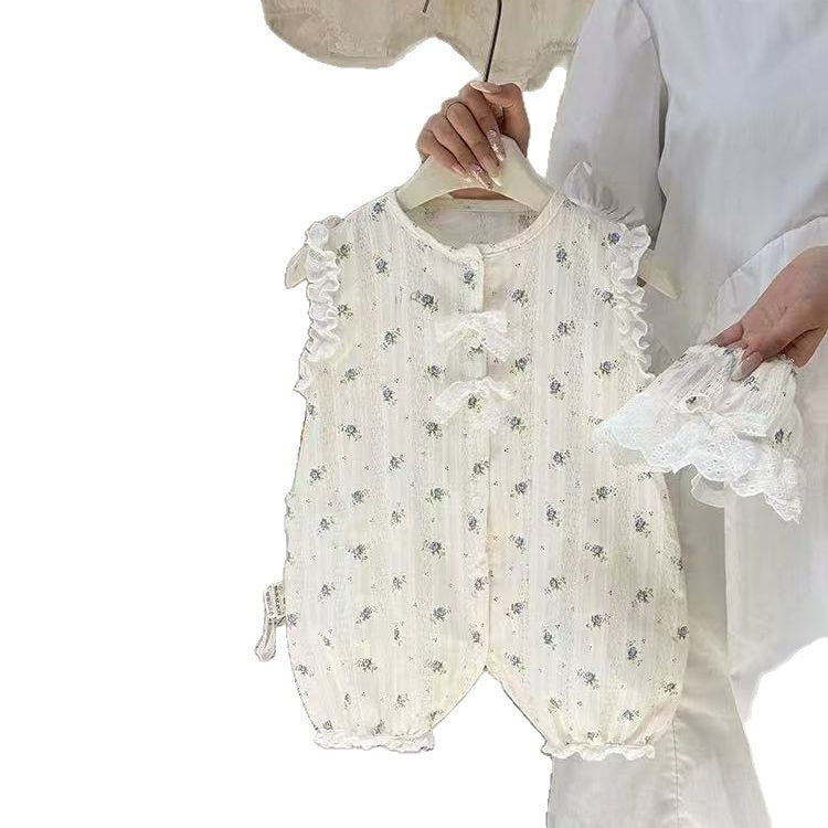Summer lightweight lace romper baby bodysuit - sleeveless floral print lace outfit for baby girls