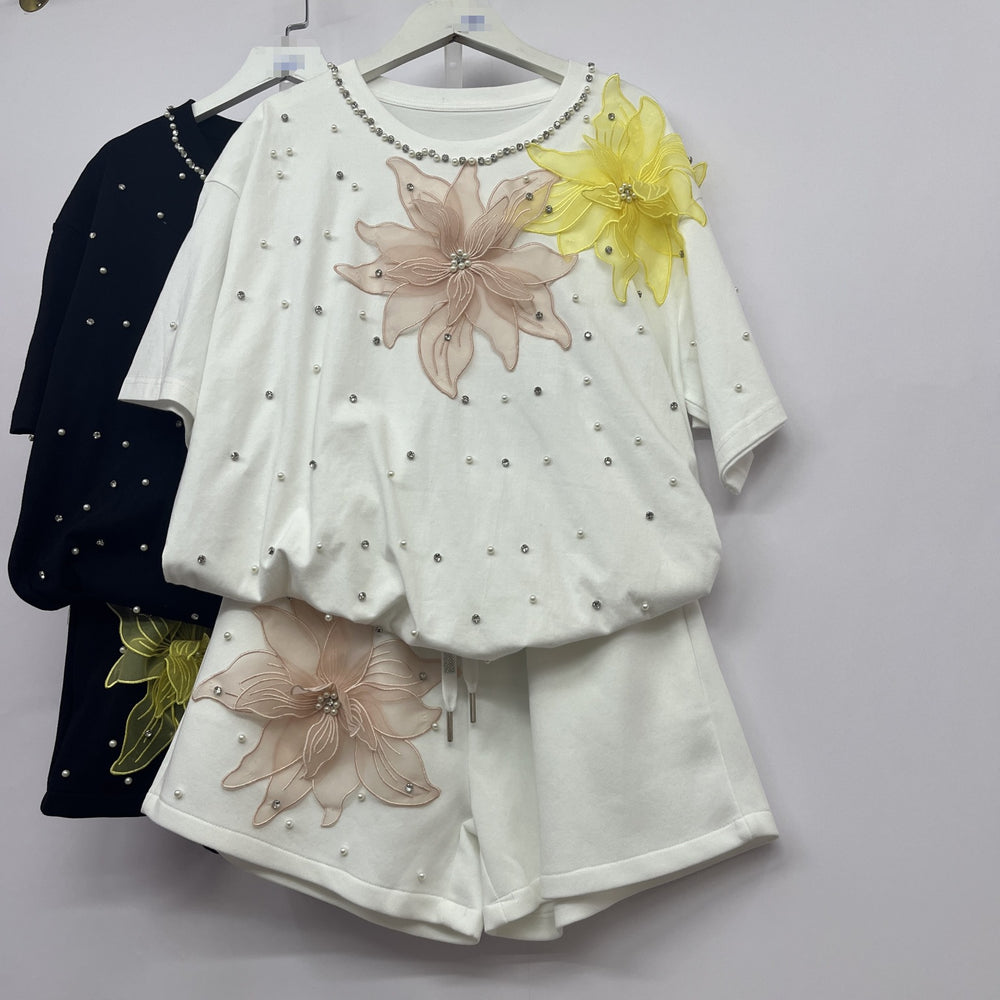 Fashionsuit european goods sense of design butterfly diamond short-sleeved t-shirt tops women + elastic waist wide-leg shorts two-piece set
