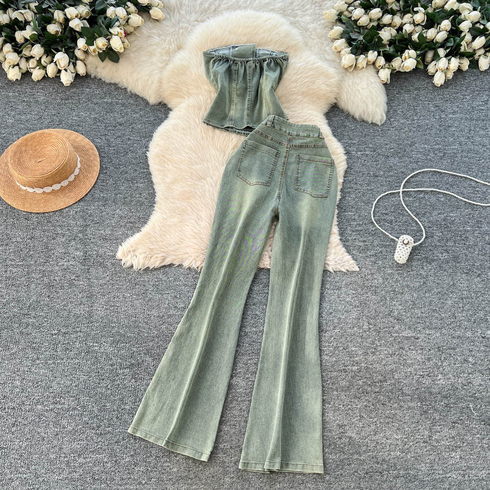American retro slim-fit denim set: women's bandeau top & high-waisted flare jeans two-piece - summer slimming look