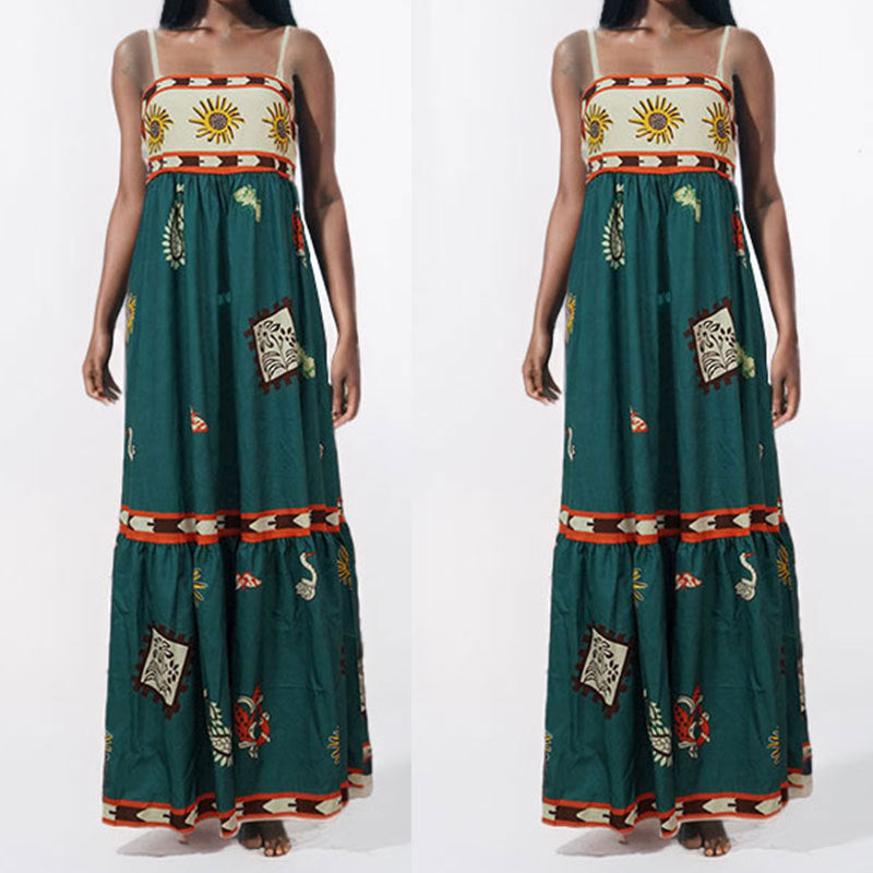 cross-border e-commerce european and american women's clothing: new summer collection - ethnic print casual camisole maxi dress