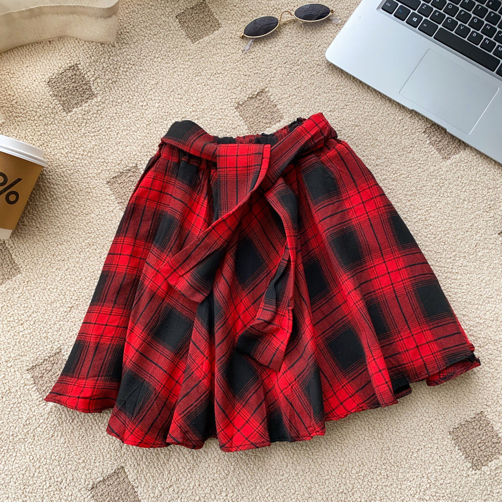 K-style plaid skirt for women  spring and summer high waist a-line skirt with straps asymmetricaleasiest for match layered short skirt