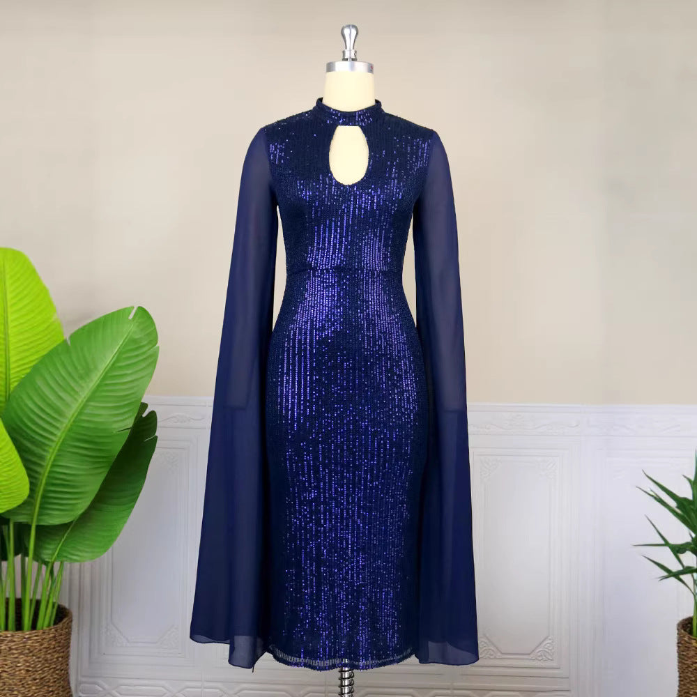 plus size navy blue sequindress stand collar cut out cape sleeve silm hip-covering banquet dress dress