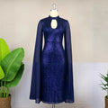 plus size navy blue sequindress stand collar cut out cape sleeve silm hip-covering banquet dress dress