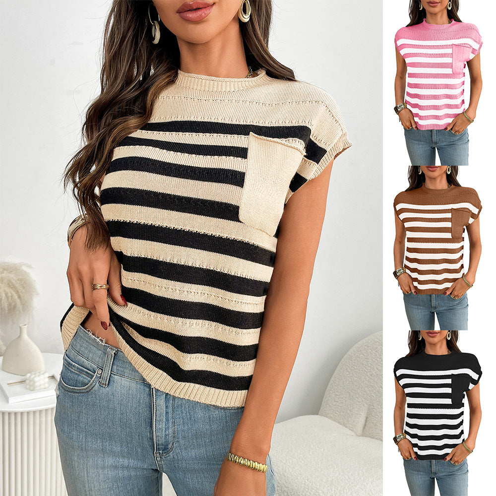 2025 summer new  European and American women's clothing  women's crew neck top thick needle casual striped sweater