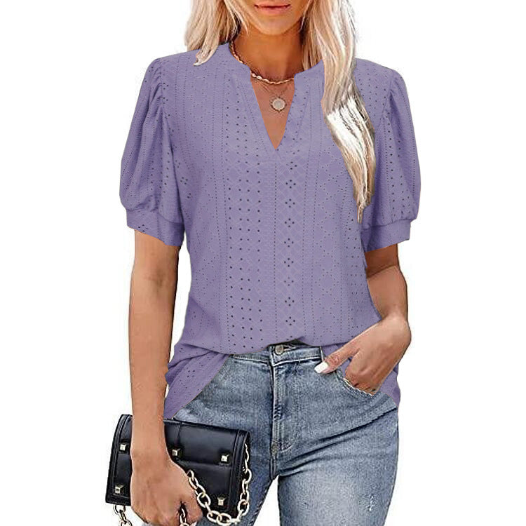 European and american cross-border e-commerce   spring/summer casual v-neck solid color cutout puff sleeve loose t-shirt