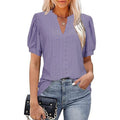 European and american cross-border e-commerce   spring/summer casual v-neck solid color cutout puff sleeve loose t-shirt
