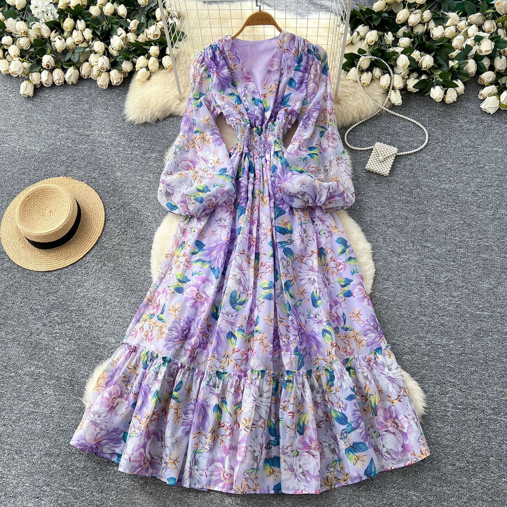 French retro v-neck lantern sleeve printed dress - women's  autumn collection - cinched waist, elegant ruffle hem maxi dress