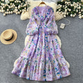 French retro v-neck lantern sleeve printed dress - women's  autumn collection - cinched waist, elegant ruffle hem maxi dress