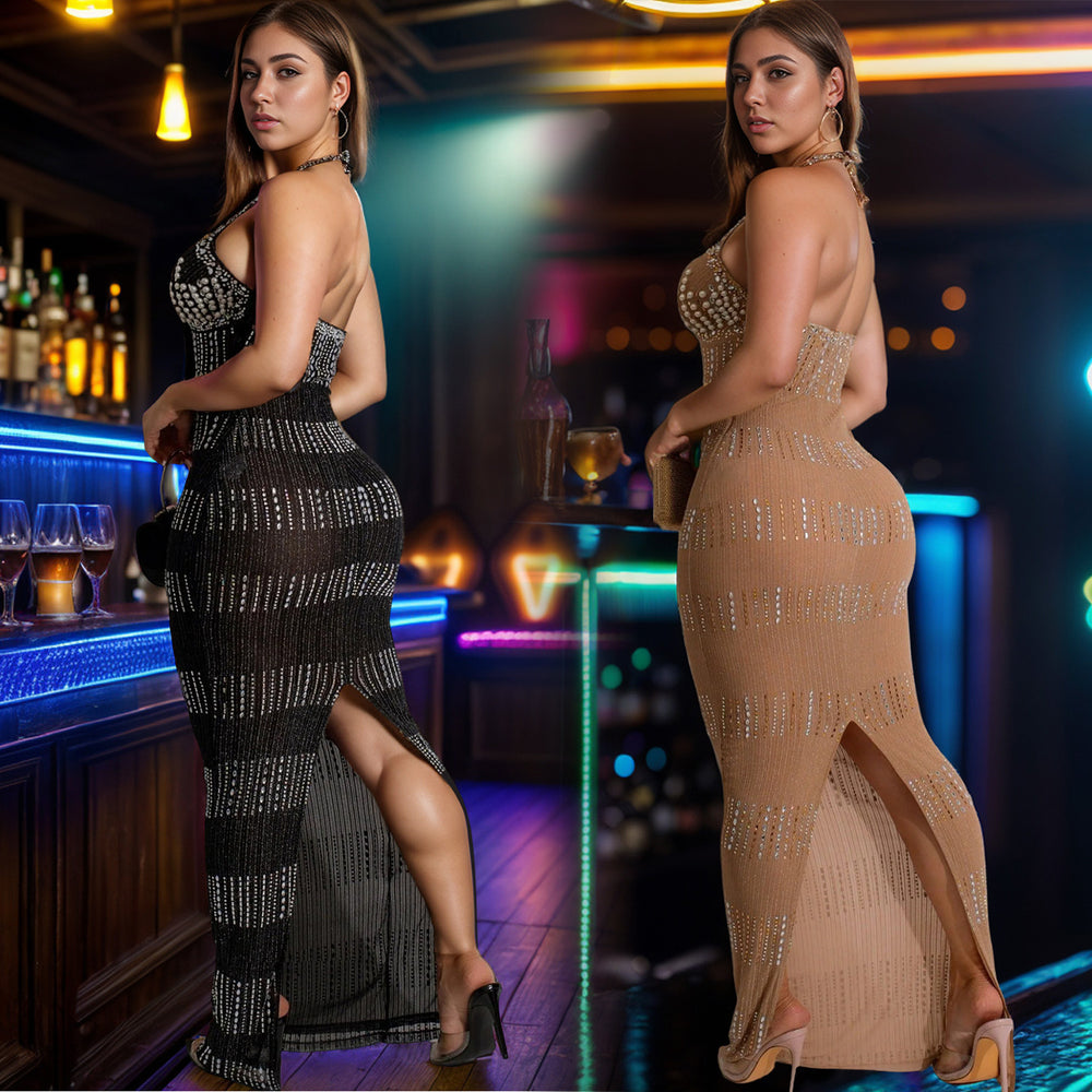 C7075 cross-border   independent station fashion women's lace hot diamond deep v sleeveless dress