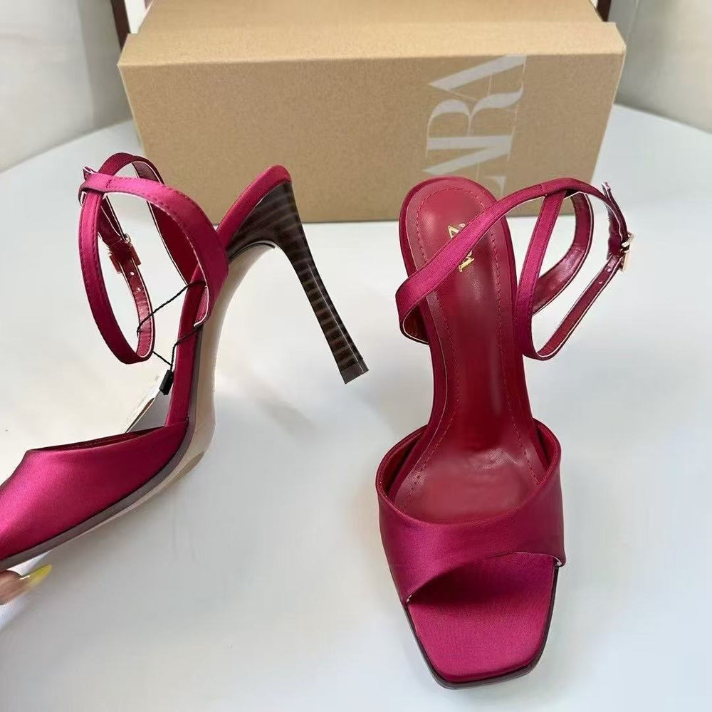 Za 2025new arrivalfashioneasiest for match square toe back hollow one strap high thin heel women's shoes tweed style women's shoes