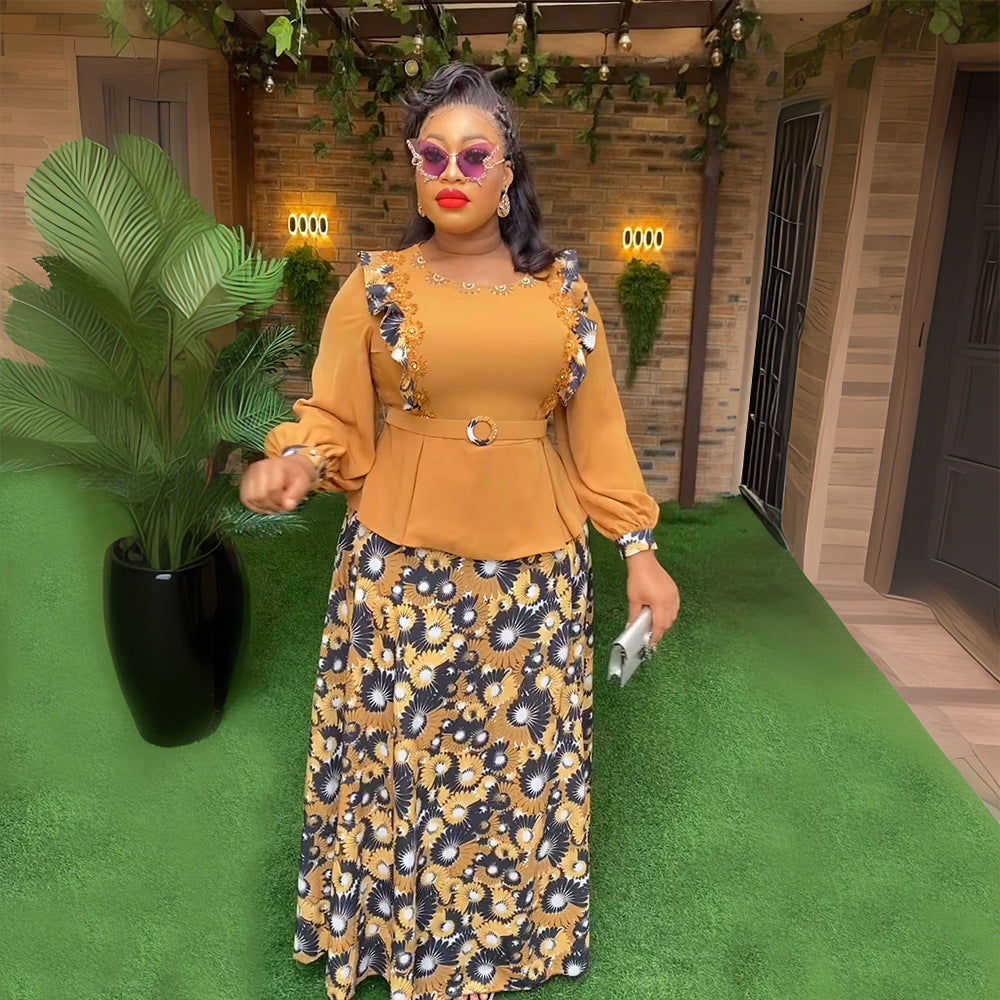 European and american cross-border e-commerce african women's plus size printed dress  elegant commuter skirt two-piece set
