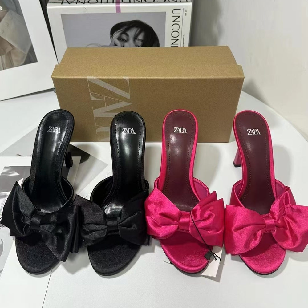 Za 2024 summer new women's pink bow high heel mules - round toe, open back, stiletto heel sandals
