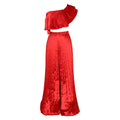 C8518export women's clothing slanted shoulder backless ruffles sexytops pleated wide-leg pants suitfashiontwo-piece set