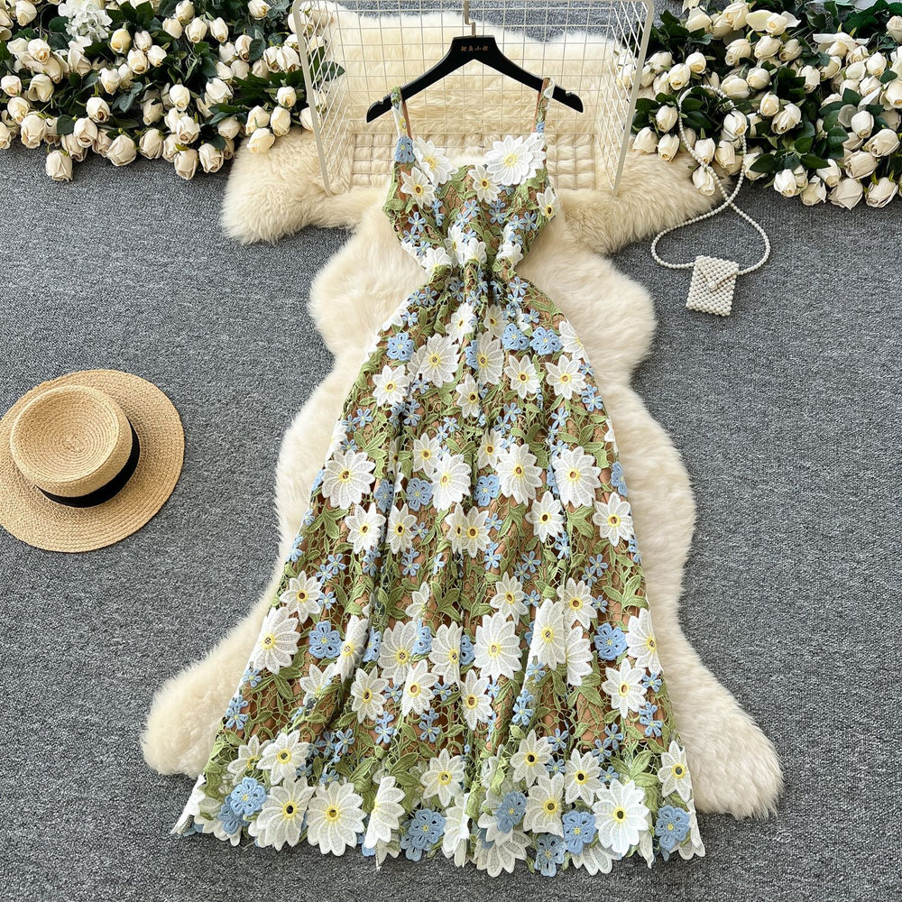 High-end women's luxury party dress: exquisite colorful hollow-out crochet lace camisole dress with cinched waist - summer  collection