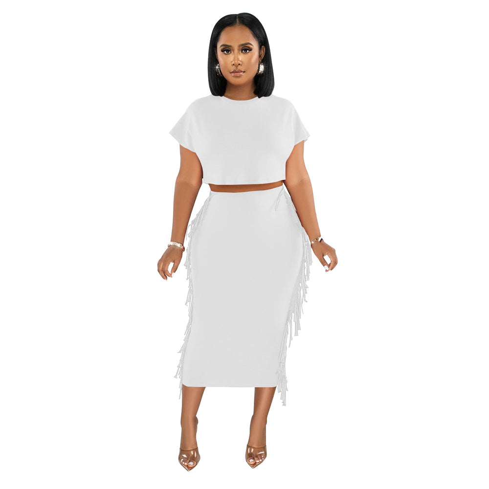X6331 cross-border   fashion women's solid color tassel crew neck short sleeve maxi dress two-piece set