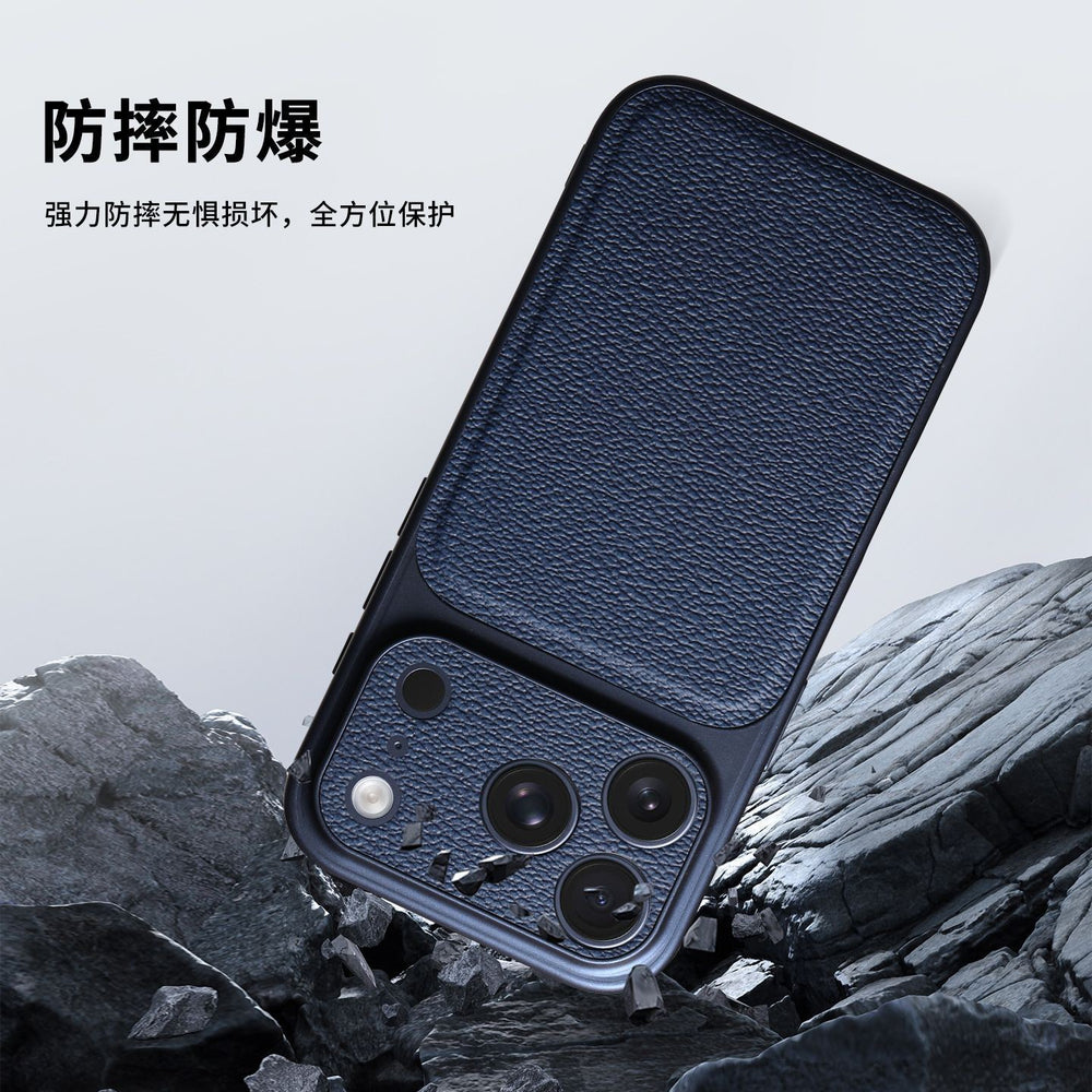 17promax small v pattern lychee pattern suitable for apple 16 seconds to 17 large window anti-fall mobile phone case 15 plain leather case