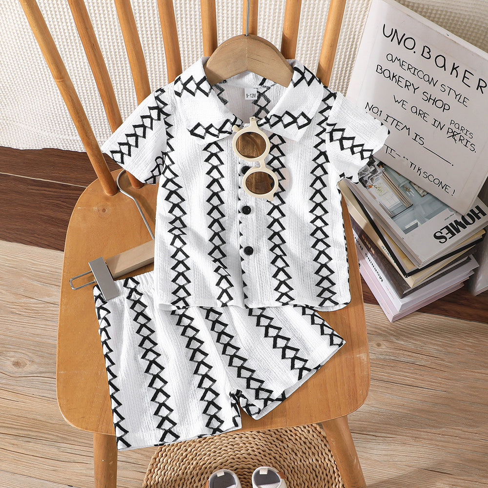 cross-border bestseller: baby & toddler casual shirt set - breathable pinstripe top + solid color shorts