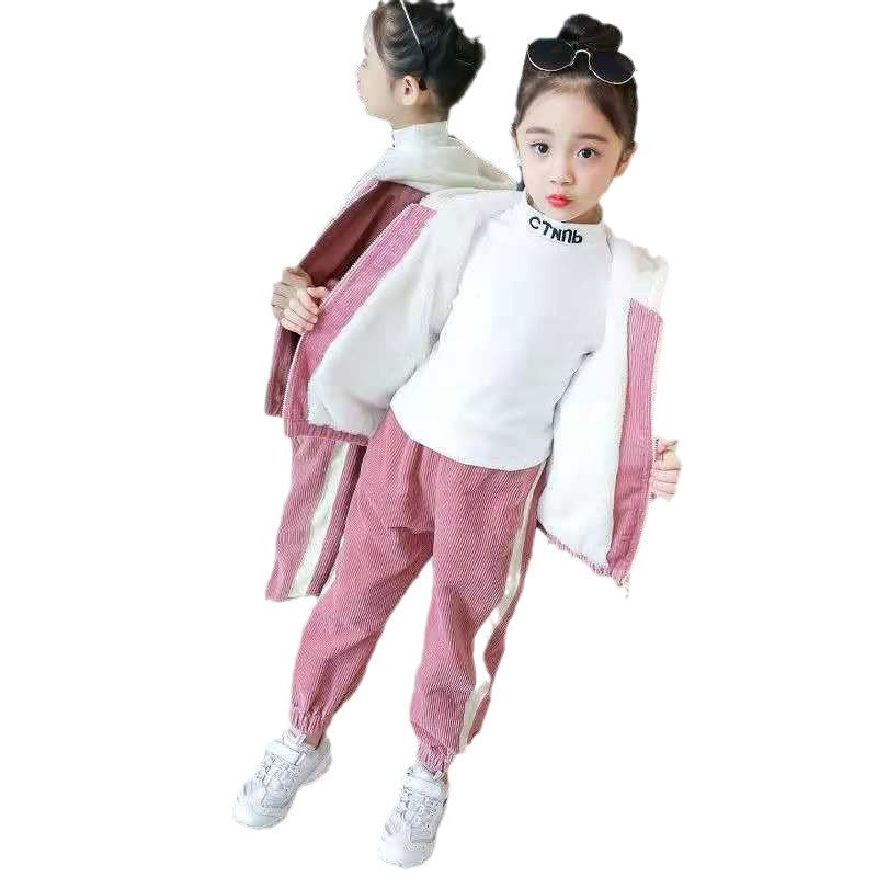Girls' corduroy outfit set - autumn/winter  new collection - fleece-lined, thickened, stylish two-piece set for mid-to-large children