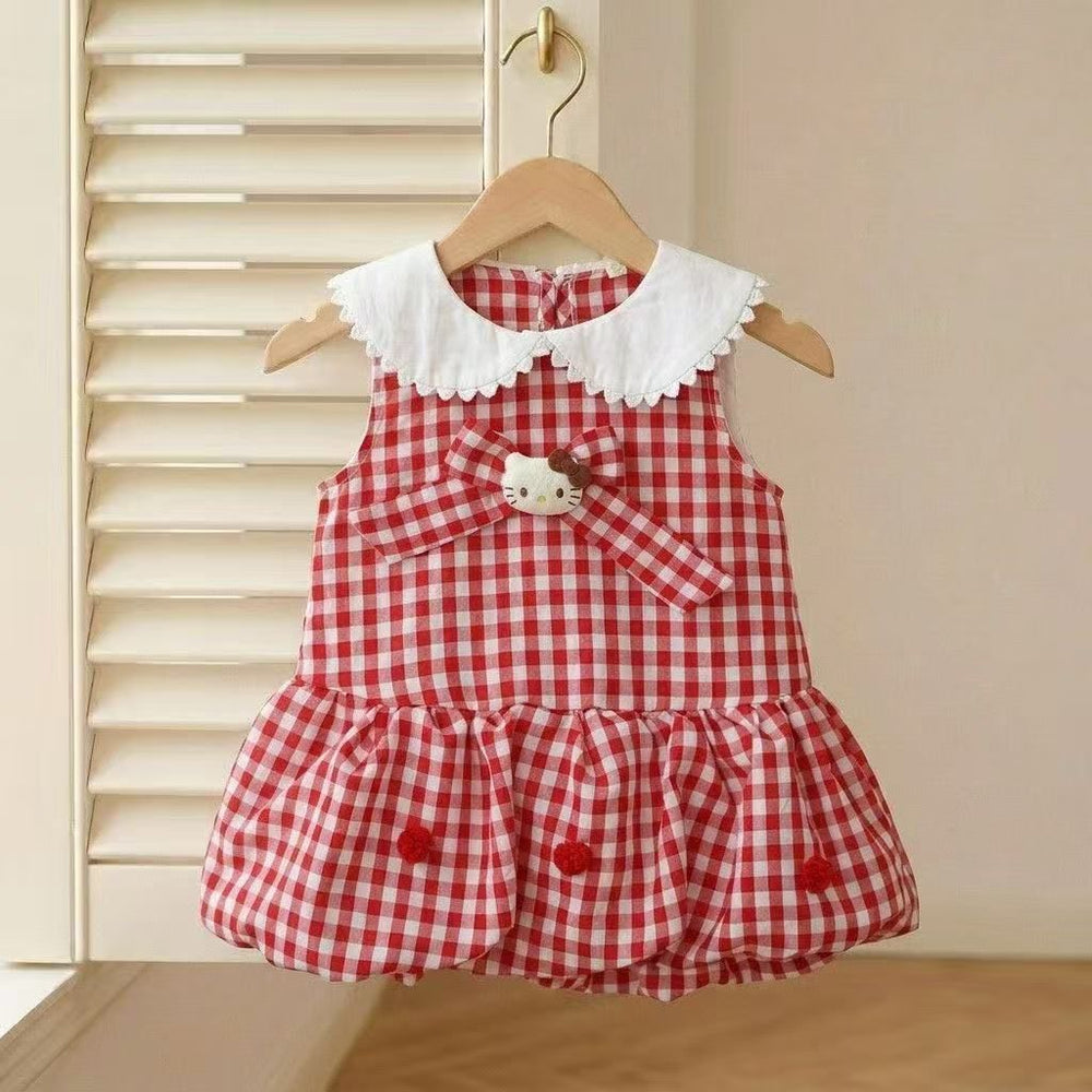 Summer new bowknot tank top princess dress for girls, korean style cartoon cat sweet plaid fresh dress