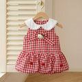 Summer new bowknot tank top princess dress for girls, korean style cartoon cat sweet plaid fresh dress