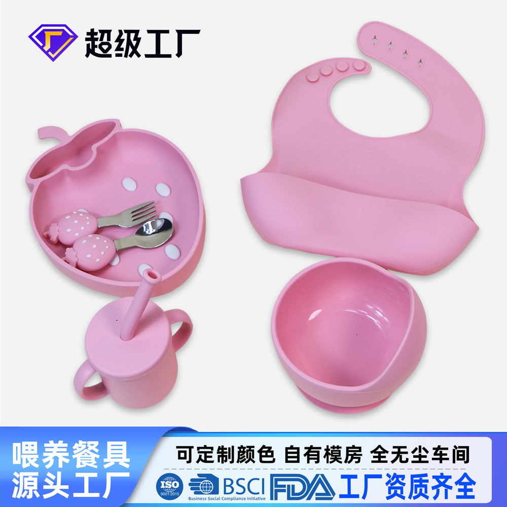 strawberry kids silicone plate and bowl set with suction cup - all-in-one design, baby silicone tableware, cartoon divided plate