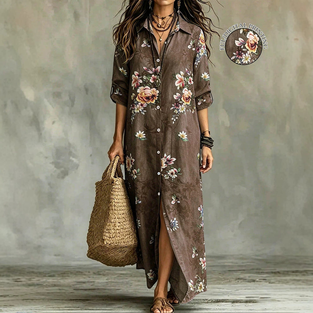 Plus size women's floral print maxi dress - denim-look fabric, turn-down collar, open front, loose fit, casual beach dress - wholesale available