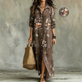 Plus size women's floral print maxi dress - denim-look fabric, turn-down collar, open front, loose fit, casual beach dress - wholesale available