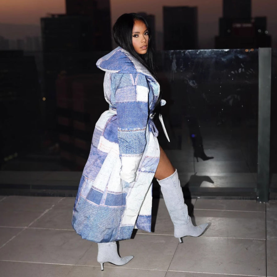 Trendy european and american women's denim patchwork printed double-breasted tie-front long cotton coat