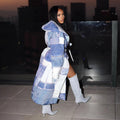 Trendy european and american women's denim patchwork printed double-breasted tie-front long cotton coat