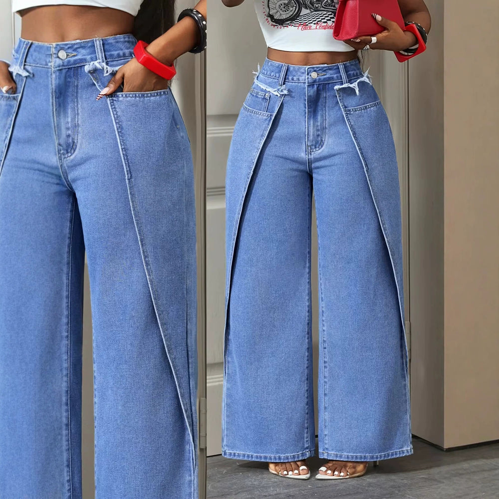 Fashionjeans women's high waist raw edge waist stereo patchwork slit wide leg pants washed loosedrapedpants