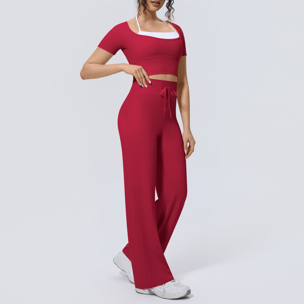 Fake two-piece sports short-sleeved yoga suit with chest pad, drawstring wide-leg straight-leg pants, quick-drying running fitness suit