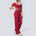 Fake two-piece sports short-sleeved yoga suit with chest pad, drawstring wide-leg straight-leg pants, quick-drying running fitness suit