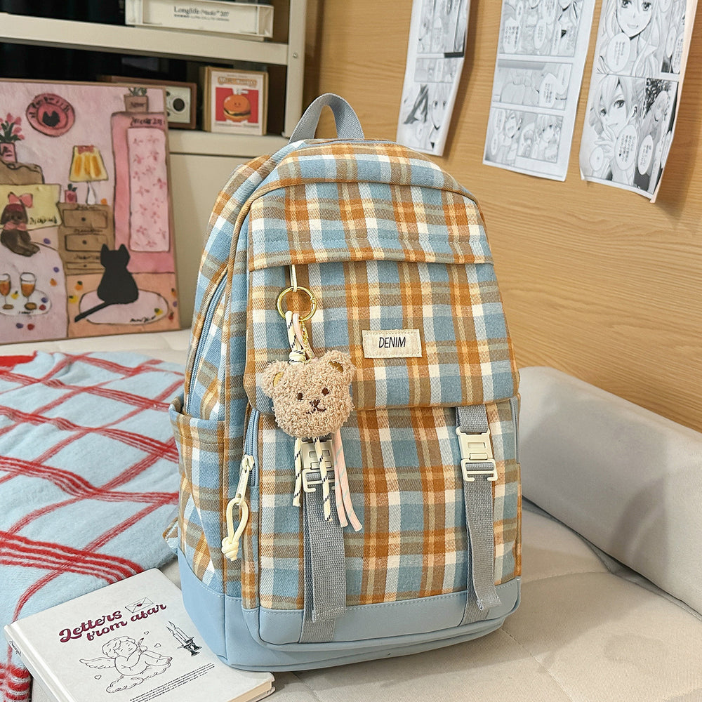 Vintage mori girl style plaid backpack - high school girl's chic rucksack - korean style large capacity fashionable versatile backpack