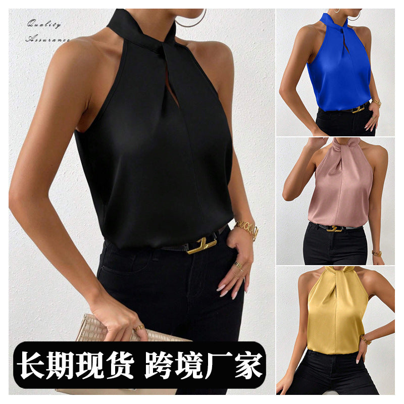 summer new arrivals: european and american style satin halter neck sleeveless tank top, faux silk satin top - ready stock wholesale