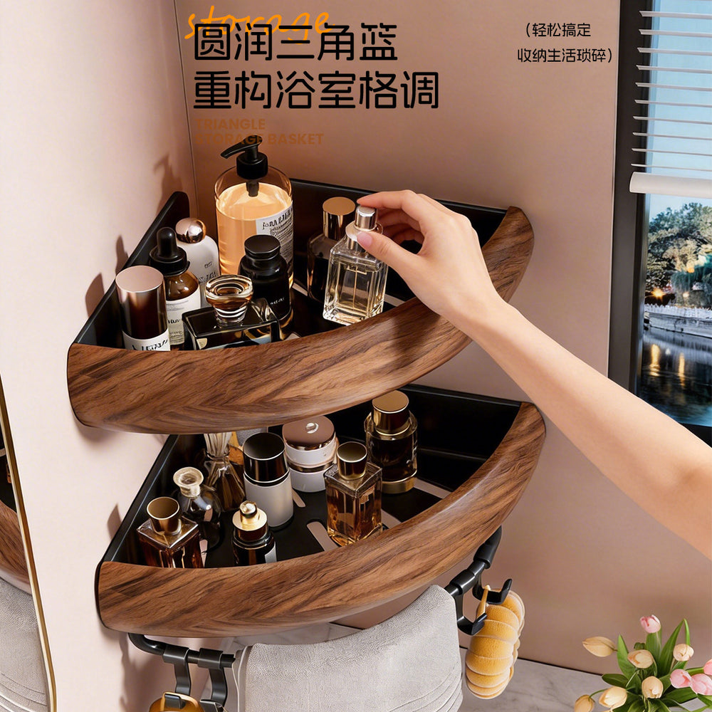 Walnut wood chinese style bathroom corner shelf - no drilling required - hand wash, toilet, and shower gel organizer
